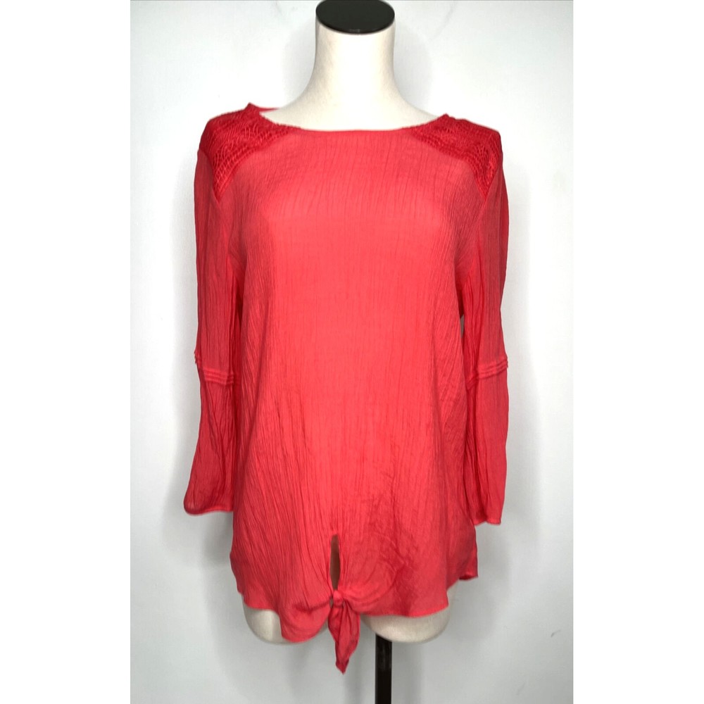 AGB Top Front Knot Coral Crepe Blouse Lightweight 3/4 Sleeves Rayon Size XL